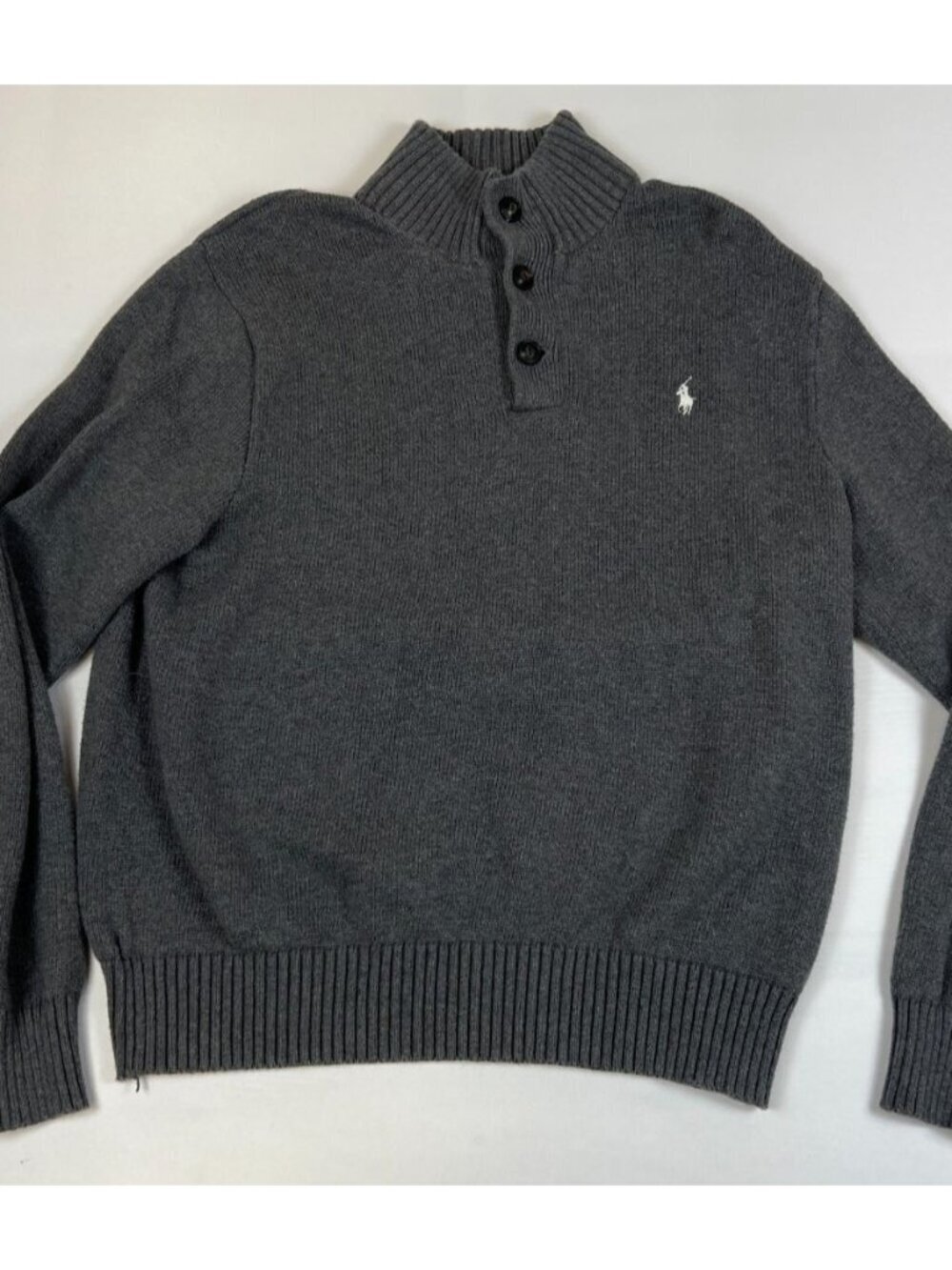 Polo Ralph Lauren Men L Gray Cotton Knit Mock Neck Button Pullover Sweater Pony